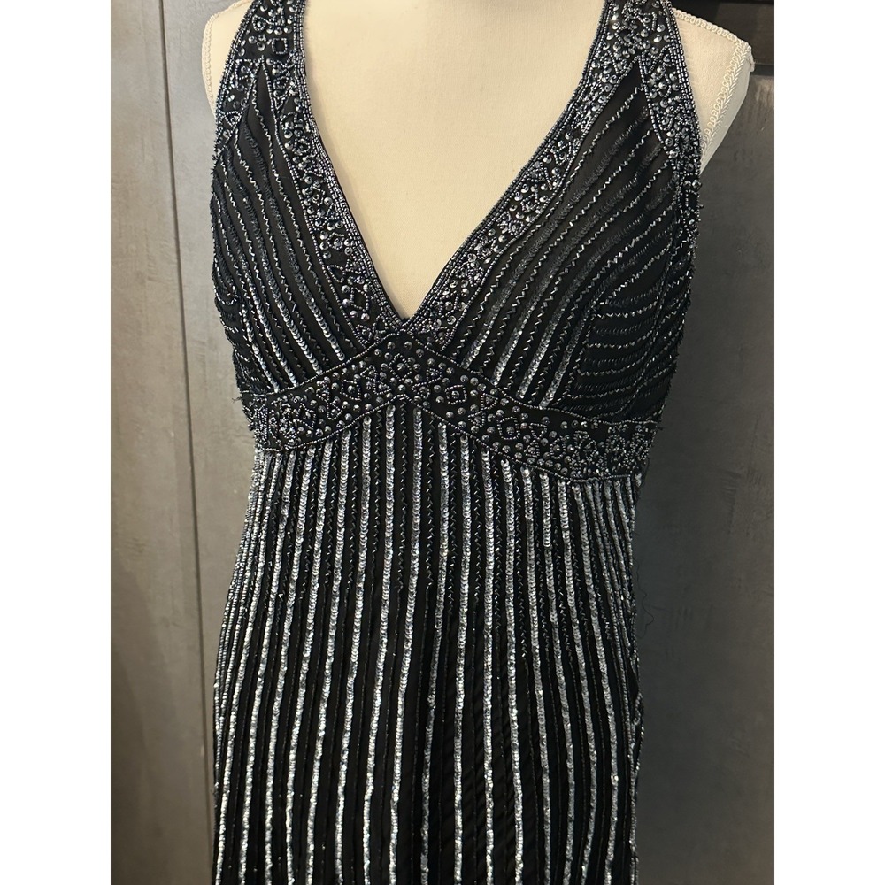 Prelude Black/Silver Beaded Sequin V-Neck Sleeveless A-Line Dress 14